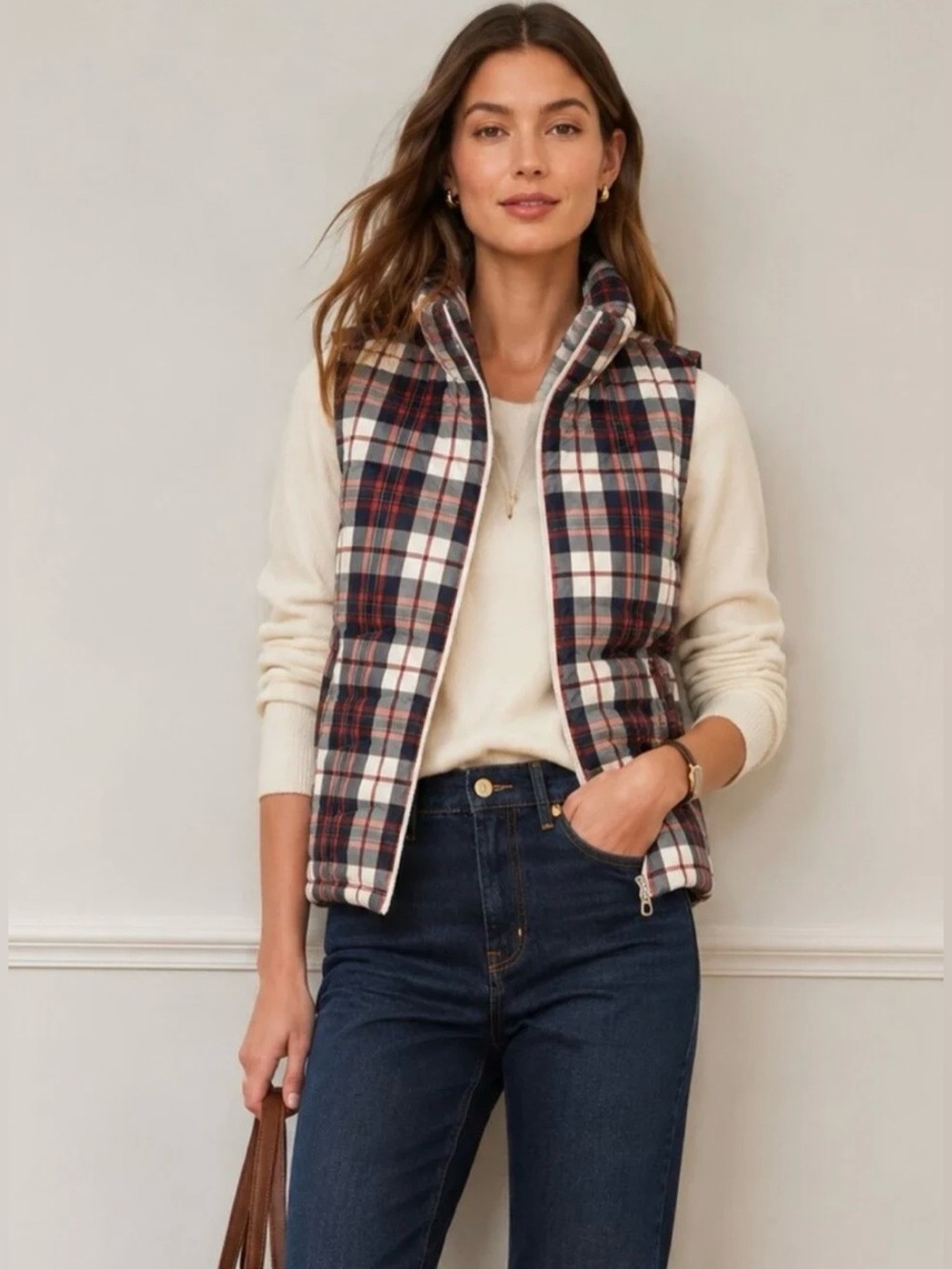 Lands' End Women's Down Filled Quilted Classic Plaid Puffer Vest